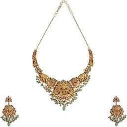 Fashion Jewellery Ruby-Green Gold Polished Antique Short Necklace With Push Back Hanging Earringsand Adjustable Chain for Bridesmaids, Necklace set for women - 435930-image-78