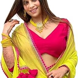 Georgette Embroidered Saree with Satin Bangalori Blouse & Pom Pom Work - Indian Ethnic Wear for Women-image-98