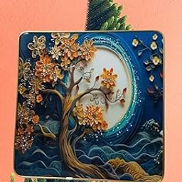 3D Resin Cherry Blossom Wall Art, Japanese Moon Scene, Blue and Gold Home Decor-image-51