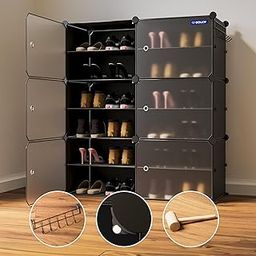BOXJOY 12 Shelf Shoe Rack Box Organizer with Door Magnets & 5 Hook Steel Holder for PP Plastic with Metal Door Frame, Chappal Slipper Stand (Black Rack, Translucent Strong Door, 300 x 800 x 900 mm)-15