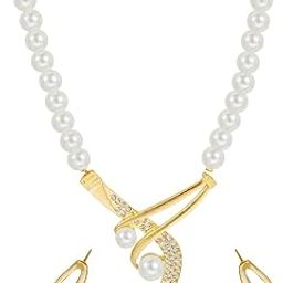 Gifts Stylish Latest Traditional Gold Plated Pearl Jwell Necklace Pendant Jewellery Set with Earrings for Girls and Women (YBNK_50622) (White)-image-58