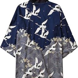 Mens Fashion Kimono，Men Japanese Kimono Cardigan Print Loose Open Front Yukat Haori Jacket Cloak,Black-Large-image-41