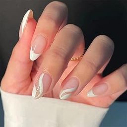 24 Reusable Artificial Fake Nail Set| Peach White Silver Curve Design Nails| Lightweight & Long Lasting| Easy To Use| Quick Fix For Festivals & Special Occasions-image-11