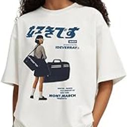 Women's Cotton Vespberry Aesthetic Japanese Printed White Oversized Loose Fit Down Shoulder T-Shirt-32
