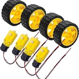 Combo-100RPM Dual Shaft BO Motor soldering With 65mm Robot Wheel-Reinforced Rubber Wheel-Geared DC Motor-Smart Car Robot Geared Motor-Black And Yellow-Pack Of 4-12