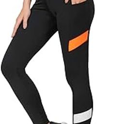 Women Color Block Quick Dry Gym Yoga Workout Sports Tights | Outdoor Running Slim Fit Yoga Pants for Women | Women Leggings (Black Orange, L)-image-70