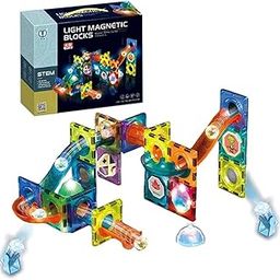 Fiddlys 49 Pcs 3D Magical Magnetic Construction STEM & STEAM Light Marble Run Blocks & Race Track for Kids【3 Yrs & Up】【Pack of 1 Set】【Multi-Colored】【49 Pcs】-0