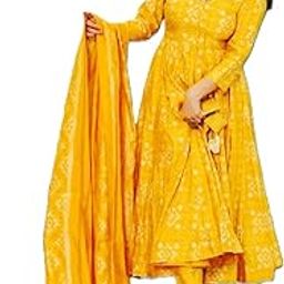 Traditional Yellow Anarkali Suit with Dupatta, Floral Print, Long Sleeves, Cotton-image-94
