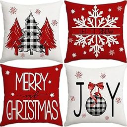 HASTHIP® 4Pcs Christmas Cushion Covers 16 Inch X 16 Inch Christmas Decorations Items Christmas Xmas Tree Snowflakes Print Throw Pillow Cover Winter Holiday Square Christmas Cushion Cover for Sofa-image-30