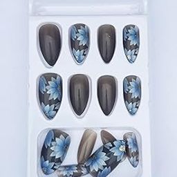 Press-On Nails Set, Grey with Blue Floral Design, 24 Pieces, Stiletto Shape, Wedding Party Festival Artificial Nails-image-58