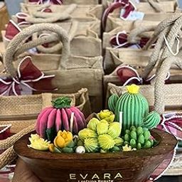 EVARA Handcrafted Decorative Scented Candle in Succulent Cactus Display in Wooden Bowl, Gift Set with Burlap Bag-image-84