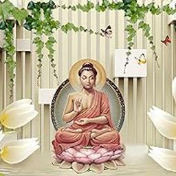 Backdropon Lord Buddha with Abstract Background with Flowers Design Backdrop Cloth for Pooja Decoration Traditional Background Curtain Cloth for Festival Size 5 Feet Height and 8 Feet Width(5 * 8)-image-6