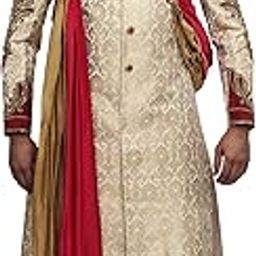 MENS GOLD JAQUARD SHERWANI WITH MAROON CHURIDAR PAJAMA-image-48