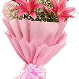 The FloralMart® Fresh Flowers Bunch of 08 Pink Asiatic Lilies with Seasonal Fillers in Stylish Paper Wrapping || TFM-image-33