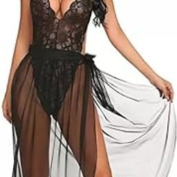 Women's Lace V Neck Bodysuit with Sheer Mesh Skirt, Lingerie Set-picture-43