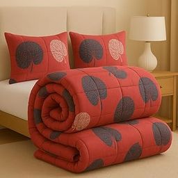 BSB HOME Premium Microfiber Printed Double Bed Comforter with 2 Matching Pillow Covers | All-Season Reversible AC Blanket for Winter & Summer | Soft & Lightweight Quilt for Double Bed - Brick Pink-image-84
