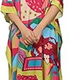 Multicolour Knee Length Kaftan in Soft Silk with Exclusive Digital Print and 3/4th Sleeves Perfect for Resort Wear and Beach Days-image-5
