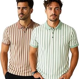 Men's Vertical Striped Polo T-Shirts – Contrast Collar Pack of 2 for Casual & Smart Wear-image-6