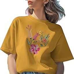 | Floral Embroidered Regular T-Shirt for Women, Cotton Blend, Short Sleeve, Office Wear Comfy T-Shirts for Women's-image-2