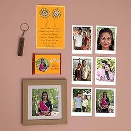 Reva Enterprise Personalised Raksha Bandhan Gift Box with 15x15 cm Photo Frame, Wooden Keychain, 6 Polaroid Photos-image-98