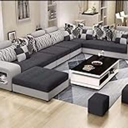 Woodsfreak Luxurious Day Bed Designer Sofa 2+2+1+1+1 Neem Wood Sofa with 1 Corner, 1 Teepoy, 4 Small Teepoy for Living and Dining Hall (Standard Size, Dark and Light Grey)-image-39