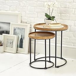 DearOrdane Store Nesting Side Tables Set of 2, Round Wood Top with Metal Base, 16 inch, Natural and Black-image-96