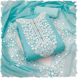 Women's Heavy Cotton Embroidery Work Unstitched Salwar Suit Dress Material With Chanderi Work Dupatta (Free Size_Multi Color)-picture-4
