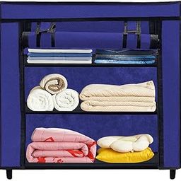 RAXON WORLD 2-Layer Clothes Storage Organizer Foldable Fabric Wardrobe with Metal Frame, Dustproof Cover, Shelves for Bedroom, Dorm, Closet, Laundry Portable Black (Blue, 3-Tier)-image-57