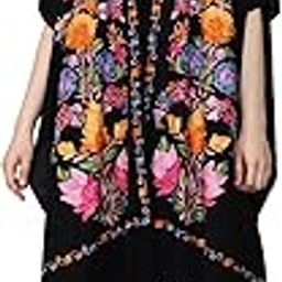 Women's Kashmiri Front Open Embroidered Woollen Poncho (Black)-14