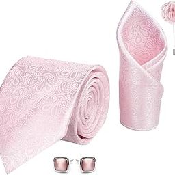 Tie for Men – Paisley Silk Neck Ties Set with Cufflinks Flower Pin, Pocket Square & Black Gift Box, Combo Necktie Sets for Office Wear, Formal Suits & Weddings (Pink, JCPKRX)-image-20