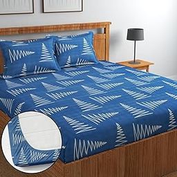 NEW LEAF Premium Cotton 210Tc Elastic Fitted Bedsheets with 2 Pillow Covers | Double/Queen Bed with All Around Elastic 180 TC Supersoft Breathable |Size-78 x72+10 inches | Dark Blue & White-picture-10