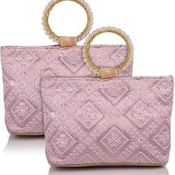 Clutch Bag|Zig Zag Chicken Silk Embroidery Hand Purse|Wedding Clutch Purse With Moti Churi Handle|Pack of 2 (Purple)-image-48