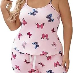 Women's Butterfly Print Pajama Set, Plus Size, Pink Cami Top and Shorts, Summer Sleepwear-image-95