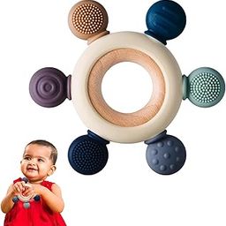 Luteti Baby Teething Toys BPA Free Baby Teether Sensory Toys for Babies Silicone Rudder with Wooden Ring Soothe Babies Gums Chewing & Mouthing Sensory Toy (3-12 Months)-image-42