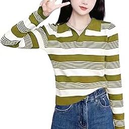 Women's Knitted Ribbed Long Sleeve Horizontal Striped Polo Neck Collar Top T-Shirt DN51-image-57
