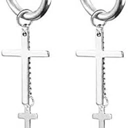krystalz Gothic Punk Hip Hop Drop Earrings for Men Women Stainless Steel Black Hinged Hoop Dangle Studs Religious Cross Earring (Pack of 1 Pair)-picture-29