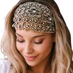 Women's Headbands, Brown, 1 Count (Pack of 1), Adult Women, Elastic, Faux Leather, Boho Floral Pearl Lace Design, Non-Slip, Comfortable, Sport & Fashion, Gym & Party-42