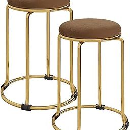 Nutech Decor Elegant Round Flannel Stool for Dining, Living Room, and Makeup Area - Stylish Golden Metal Low Stool - 46CM (Brown)-image-24