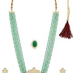 Green Pink Stones Multistrand Beaded Long Cascading Necklace Earring & Ring Set For Women-ZPFK18862-17