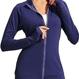 Lightweight Workout Jacket for Women Full Zip Slim Fit Athletic Running Jacket with Thumb Holes Zipper Pockets-image-2