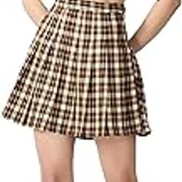 Women Girl High Waist Pleated Tennis Skater Mini Skirt with Attached Lycra Shorts (Brown Check_32_XL)-image-3