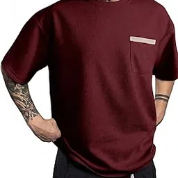 indoprimo Men's Polyester T Shirt with Pocket Half Sleeves Round Neck Line Solid Pattern Loose Fit Classic Style and Standard Length-picture-49