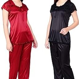 Women's Satin Plain/Solid Night Suit Set Pack of 2 Combo Set (Free Size, Black and Maroon)-image-68
