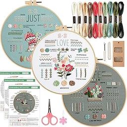 3 Sets Starter Embroiedry Kit for Beginners,Embroidery Stitches Practice Kit,Needlepoint Kits for Adults,Includes Stamped Flower Pattern, Hoop, Color Threads,Tools,Easy to Follow Instruction-image-78