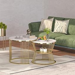 Callas Modern Nesting Coffee Table Set of 2 with Marble Finish Top and Gold Metal Frame | Round Living Room Center Table for Sofa Side Home Decor (White, CT-03)-image-56