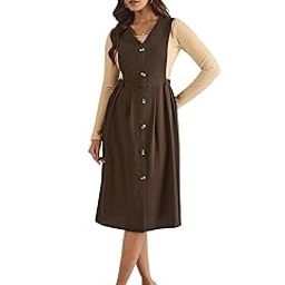 Women Soild Pinafore Dress with Button-image-2