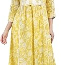 Women's Yellow Floral Printed Cotton A - Line Chikankari Embroidered Kurta-picture-18
