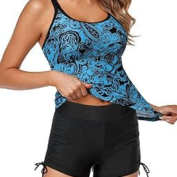 Womens Tankini Swimsuits Athletic Two Piece Tummy Control Bathing Suits with Shorts Modest Tank Tops, Blue Black and Print, M-image-36