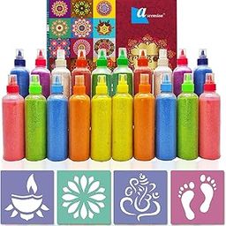 Ascension 20 Rangoli Colour Powder Tube Bottles and 4 Rangoli Stencils Kit Diwali Decoration Items Bottles Tool Floor Art Rang for Home Navratri Pongal Pooja Mandir Decor Colors Design Creativity DIY-image-11