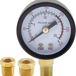 Uenede 1-1/2" Dial Pressure Gauge 0-300PSI, Stainless Steel Case, Brass Mount, 1/8" NPT Male, Includes 1/2" & 3/8" NPT Connectors, Universal Multifunctional-25
